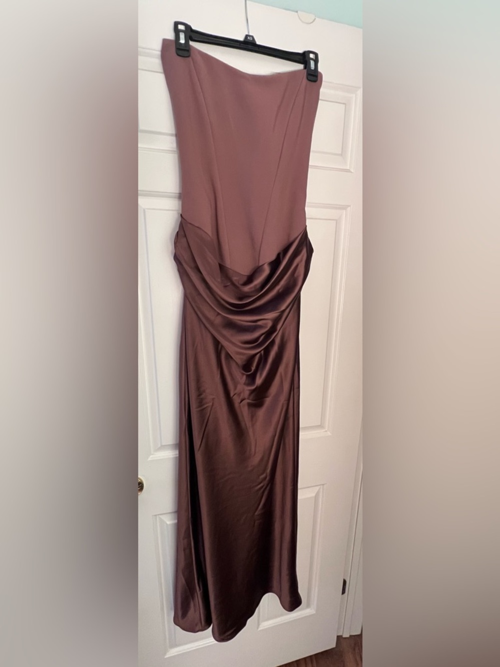 Babyboo Maggie Maxi Dress, Strapless Satin Draped Maxi Dress in Mauve Brown